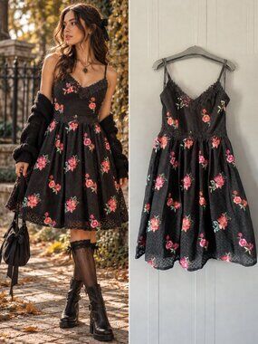 Little Mistress Black Floral Embroidered Lace Fit Flare Dress Coquette 6